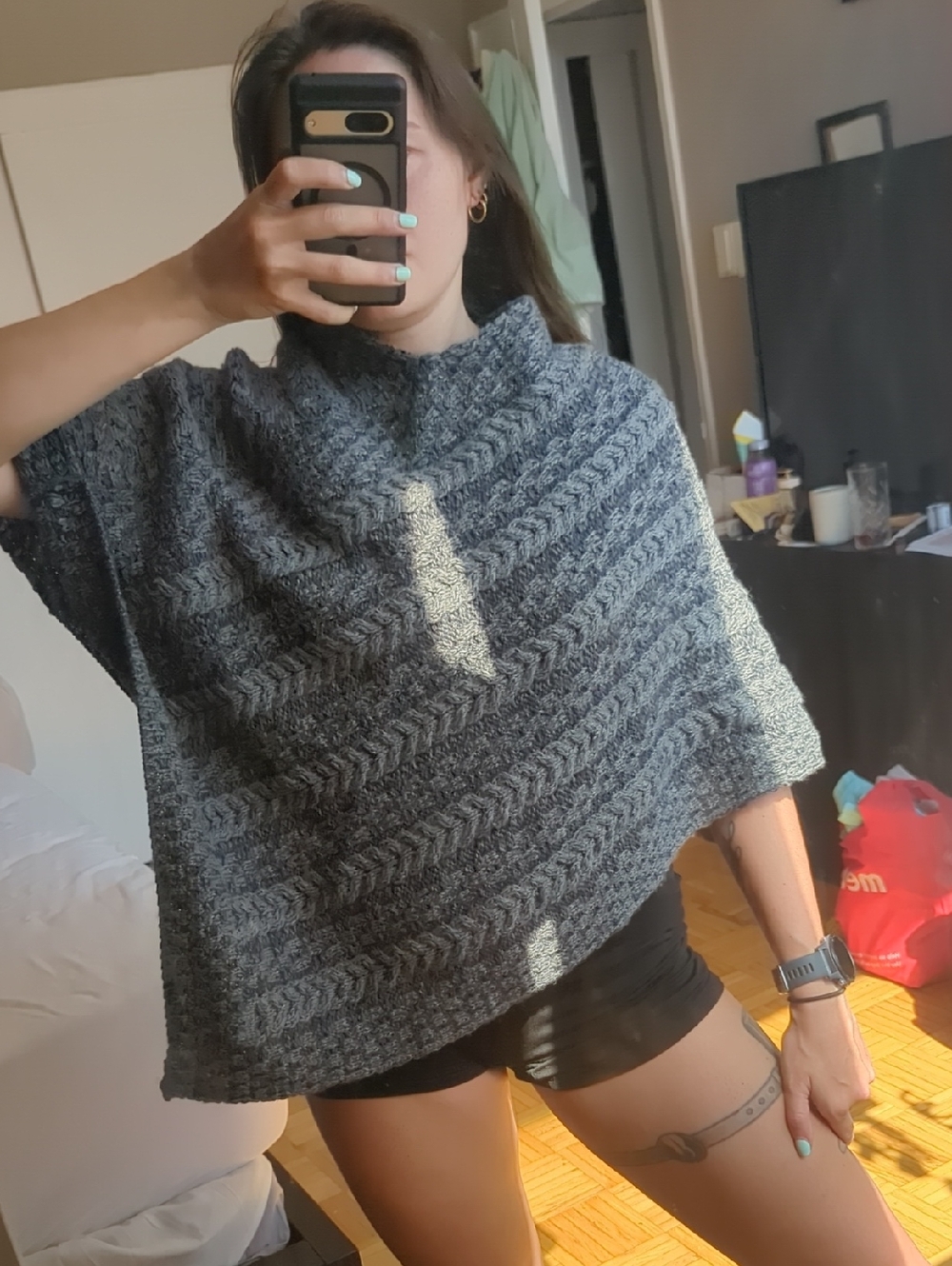 Women's Charcoal Chevron Knit Poncho Sweater 100% Merino Wool